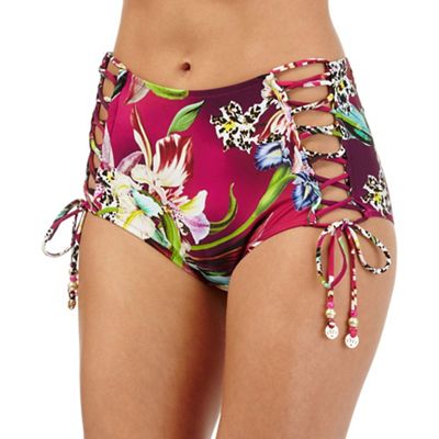 Pink tiger lily print high waisted bikini bottoms